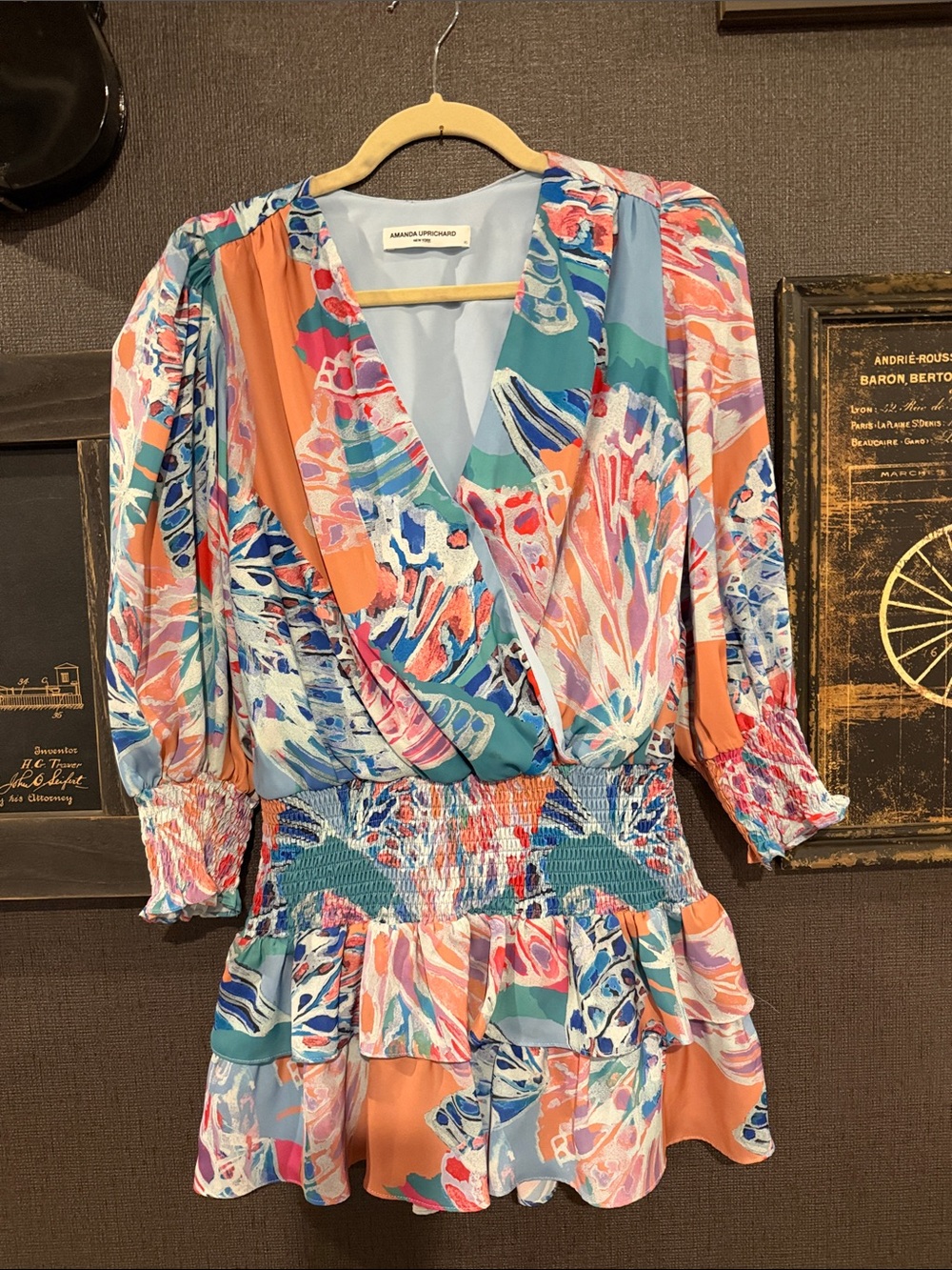 Amanda Uprichard Coral Teal Multicolor Floral Smocked Wrap Mini